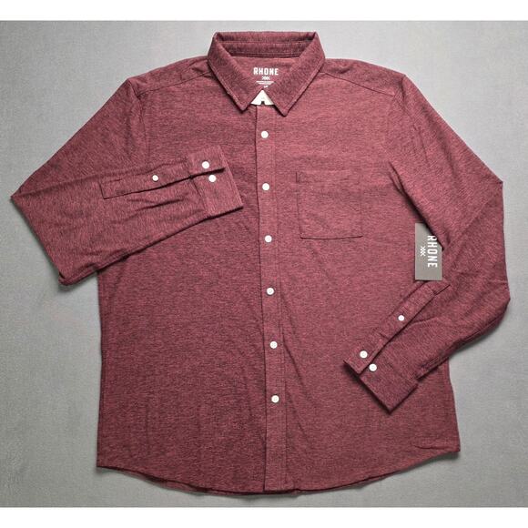 Rhone WFH Button Up Shirt Jersey Stretch $128 NWT Maroon Tawny Port Black LARGE - Picture 2 of 9